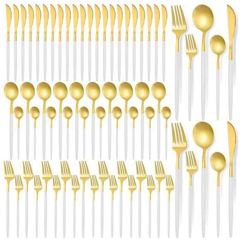 Un ensemble de couverts de cuisine en acier inoxydable blanc et doré comprenant un couteau à steak, une fourchette et une cuillère : 12 couteaux