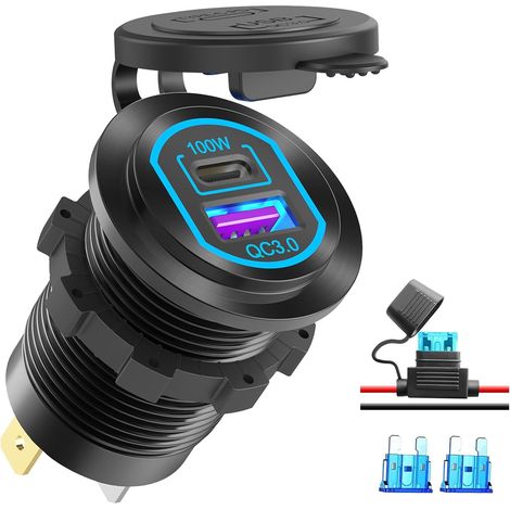 Prise USB C 12 volts Port USB PD 100W pour ordinateur portable et prise chargeur de voiture QC3.0 18W Alliage d'aluminium, charge rapide Montage encastré Remplacement de l'allume-cigare Accessoire DIY (1/5)