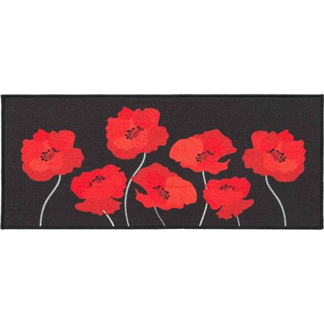 Tapis Déco Imprimé "Coquelicots" 50x120cm Noir & Rouge (1/4)