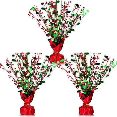 Lot de 3 décorations de table de Noël métallisées scintillantes - Pièces maîtresses de baies artificielles - Feuilles de houx vertes - Paillettes - Centre de table pour Noël (1/5)