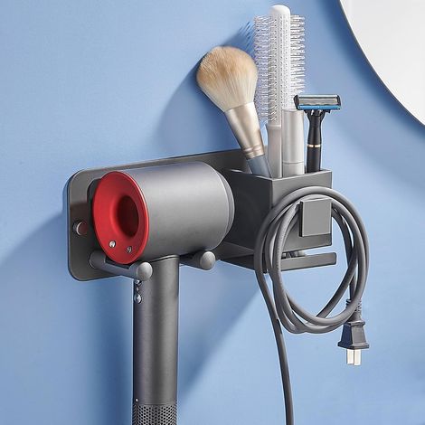 Support pour sèche-cheveux sans perçage, support pour sèche-cheveux, salle de bain, support pour sèche-cheveux, mural avec support de prise et rangement pour la plupart des sèche-cheveux, gris (1/5)