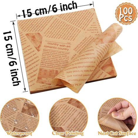 Lot de 100 Feuilles de Papier Alimentaire Ciré, Papier Antigras pour Sandwichs, Hamburgers et Pâtisserie, Emballage Marron Style Journal, Cuisine, Pique-Nique et Fête (1/5)
