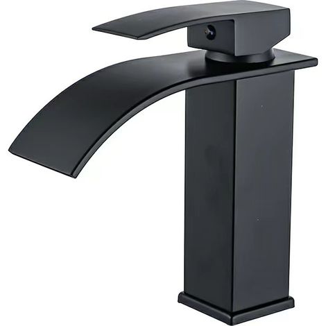 Robinet cascade en acier inoxydable noir, robinet de lavabo avec eau chaude et froide, robinet de lavabo doré, tuyau cascade court noir (1/5)
