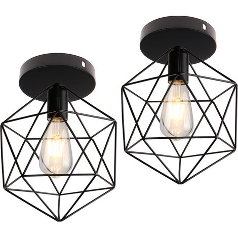 2x Industrial Lámpara de Techo Vintage Diamantes Iluminación de Techo Jaula de Metal para Pasillo Salón Cocina Dormitorio - 25cm Negro (1/5)