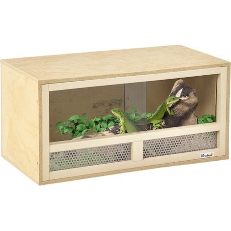 Terrarium pour reptiles en bois avec portes coulissantes en verre et panneaux grillagés, terrarium polyvalent, 60 x 29,5 x 29,5 cm, adapté aux lézards, caméléons et serpents (1/5)