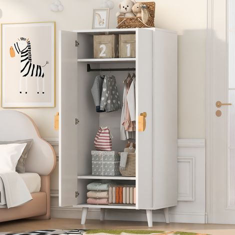 Armario Ropero con 2 Puertas, Amplio Espacio de Almacenamiento y Patas Elevadas, para Dormitorio, MDF, Blanco (1/5)