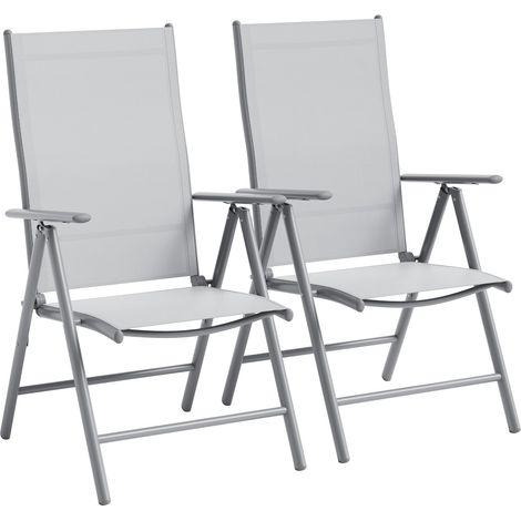 Lot de 2 chaises de jardin pliantes inclinables - Dossier réglable - Assise large en textilène respirant, accoudoirs - Patio/balcon/terrasse/camping - Cadre métal argenté (1/5)