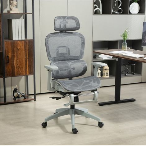 Silla de oficina ergonomica de malla gris con reposacabezas, reposabrazos ajustables e inclinacion 66 x 64 x 114-122 cm (1/5)