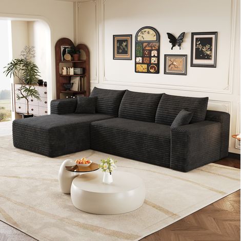 Divano angolare 241 cm nero in tessuto effetto velluto a coste con chaise longue reversibile e senza montaggio (1/5)