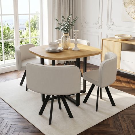 REDOM - Ensemble table à manger et 4 chaises - 85x85x74 cm - gain de place - rangement sous table - MDF et lin - beige et chêne