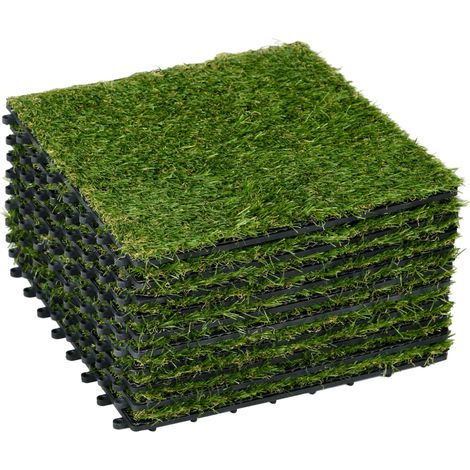 Set de 10 baldosas de césped artificial 30 x 30 cm 25 mm verde oscuro para balcón y jardín (1/5)