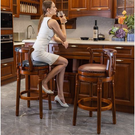 Silla alta giratoria cuero madera con respaldo marrón OKMYHOME (1/5)