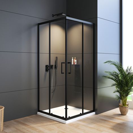 Schwarzer Duschkabine Eckeinstieg 75x90 cm Schiebetür Duschabtrennung Eckeinstieg mit Doppel Schiebetüren, 6mm ESG Sicherheitsglas, Duschwand Höhe 185cm, LINKS & RECHTS MONTIERBAR