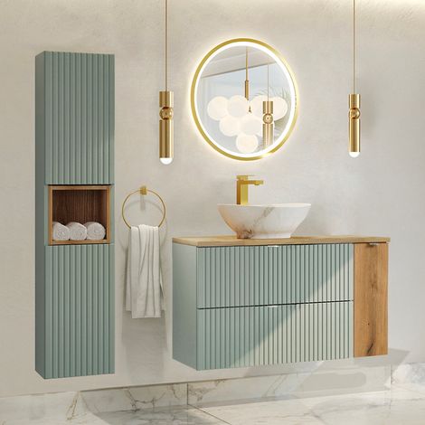 Mueble lavabo 100cm y pedestal Verde Jade y Madera (1/4)
