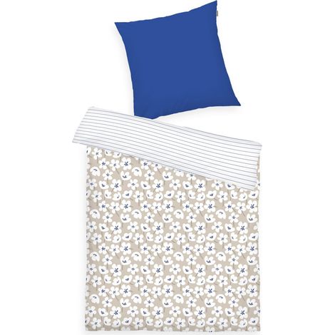 Housse de Couette, 70x90 + 140x200 cm, 100% Coton/renforcé, Motif Réversible et Fermeture Eclair Colorée, Fresh Flowers Bleu, Beige (Cobalt (1/5)