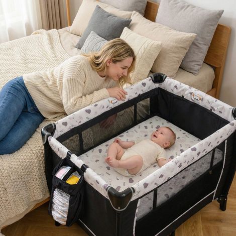 5-in-1 Baby Travel Cot with Changing Table, Baby Cradle, Mattress & 2 Toys, Foldable Baby Bed, Beige (1/5)