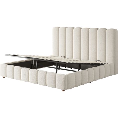 Cama canapé 180x200 cm en bouclé blanco, somier abatible, cabecero, HOMVRA (1/5)