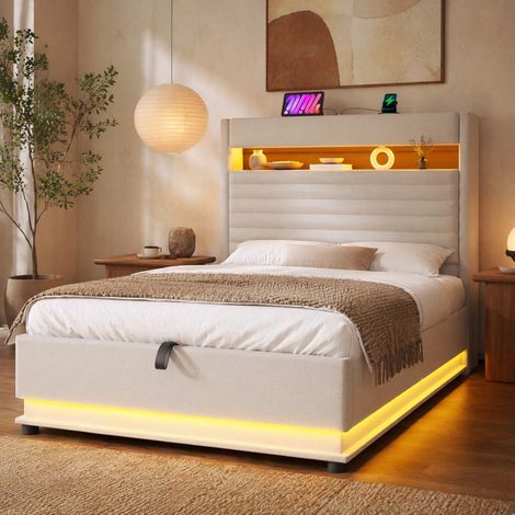 Polsterbett , 90x200cm, Mit USB Typ-C Ladefunktion, LED-Beleuchtung, Hydraulische Lagerung, Flip-Top-Aufbewahrungsfach, Ohne Matratze, Drucktaste/Appdienung, Leinen, Beige (1/5)