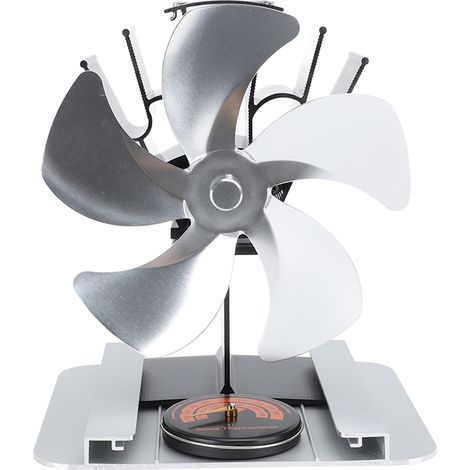 Ventilateur de Poêle à Bois à Alimentation Thermique, 5 Pales en Alliage d'Aluminium avec Thermomètre Intégré pour Poêle à Pétrole ou à Bois, Argenté (1/5)