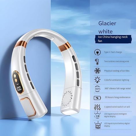 Tragbarer Nackenventilator – Hightech-Beleuchtung – Rotorblattlos, Digitalanzeige, 5 Geschwindigkeitsstufen, 4000-mAh-Akku – Für drinnen und draußen geeignet – Weiß (1/5)
