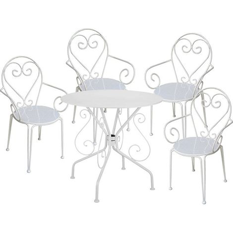 Vente-Unique – Ensemble table et 4 chaises de jardin en métal blanc – Finition anti-UV et anti-rouille – Design épuré et romantique – 4 places