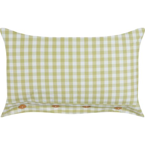 Cojín decorativo moderno botones estampado a cuadros verde oliva y blanco 40 x 60 cm Talya (1/5)