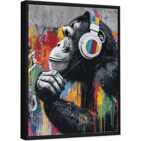 Tableau sur toile avec cadre noir – Graffiti de singe – 120 x 80 cm (1/5)