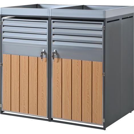 CAIziAbri pour poubelles avec jardinière, ouverture de ventilation à lamelles, compartiments de rangement pour poubelles, verrouillable, deux portes, surface de plantation