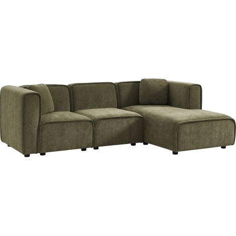 sweeek - 3-Sitzer Ecksofa Recamiere rechts Stoffbezug 2 quadratische Kissen, Stoff, Khaki