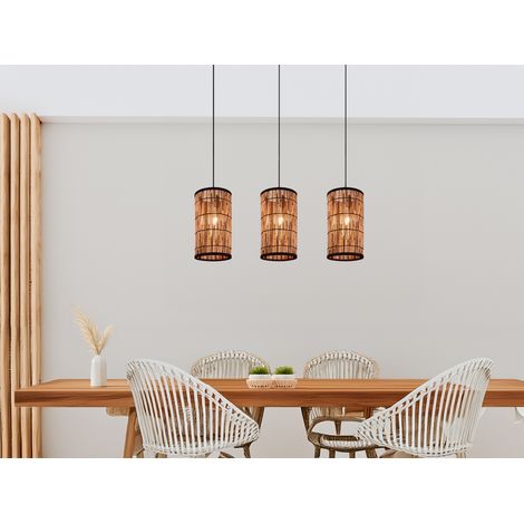 Pendelleuchte SARA 3-flammig mit Lampenschirmen aus Rattan, Breite 80cm (1/5)