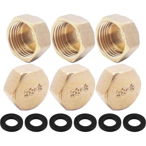 Set of 6 hexagonal brass sealing plugs - 1/2" internal thread - For garden water pipes (1/5)