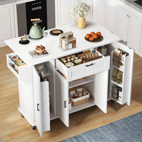 Desserte de Cuisine,Îlot Central Cuisine avec Rangement Intégré,Plan de Travail Extensible,4 Portes 1 Tiroir, Roulettes avec Freins,120x45(70)x95cm,Blanc