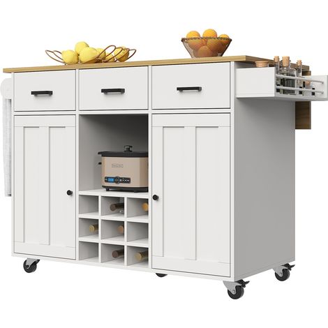 Desserte cuisine îlot central chariot blanc plateau bois - Porte-serviettes épices cloisons réglables - Mobile pratique (1/5)