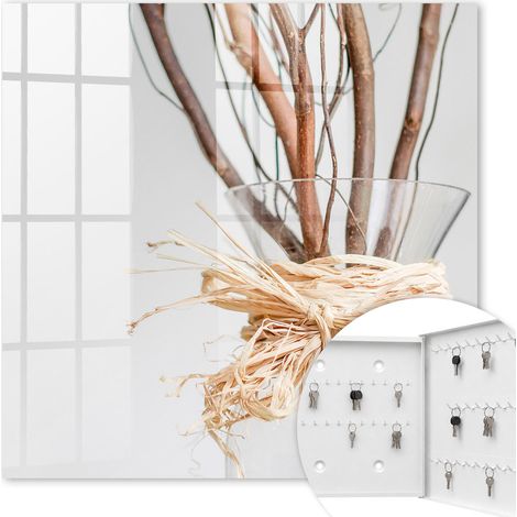 Armoire à clés - (30 cm x 30 cm) - Boîte à clés murale - Coffret de rangement pour clés - Couleur blanche - Ouverture vers la droite - Pour maison et bureau - Branches dans un vase (1/5)