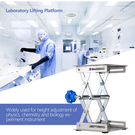 Plateforme élévatrice de laboratoire en acier inoxydable, support à ciseaux 100x100x160 mm, poignée bleue (1/5)