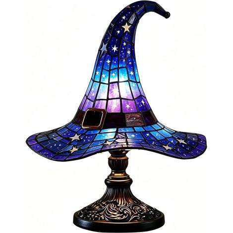 Hexenhutlampe aus Kunstharz in Buntglasoptik, Vintage-Stimmungslampe im gotischen Stil, Tisch- und Nachttischlampe für Schlafzimmer und Bibliothek, handgefertigt, blau (1/5)