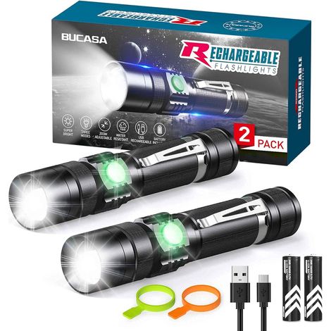 Lampe Torche USB Rechargeable, 2 Pièces Aluminium Ultra Puissante LED Lampe Torche avec Clip et Zoom, IP65 Étanche 4 Modes Torches pour Camping Urgences Randonnée (1/5)