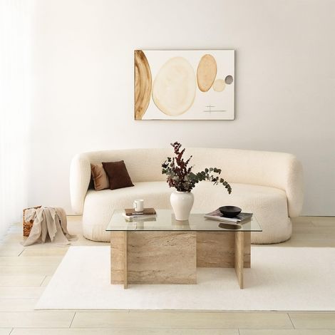 Table à café, Travertine, 105 x 40 x 65 cm, Dessus en 100% Verre et Panneau en Particules de mélamine, Design élégant en marbre pour espaces de Vie Modernes (1/5)