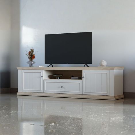 Porta TV Essenza 200 cm Bianco e Rovere con 2 Ante, Cassetto e Vano a giorno – Stile Classico Moderno (1/5)