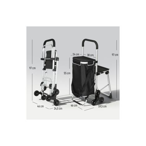 Caddie de courses gris avec sac Oxford 40 L, cadre en aluminium, 3 roues et siège pour marché, courses et plein air (1/5)