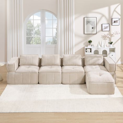 Canapé d'angle modulaire en L 4 places avec pouf, canapé nuage sans cadre en polyester, mousse haute densité 32D, assise profonde antidérapante, sans montage, 344 x 162 x 67 cm, Beige