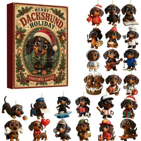 Dackel-Adventskalender 2026 – 24-teilig – mehrfarbig – Acryl – 7 cm große Mini-Anhänger – lustiges Dackel-Design – Christbaumschmuck – geeignet für Weihnachten und als Dekoration für den Wohnbereich (1/5)
