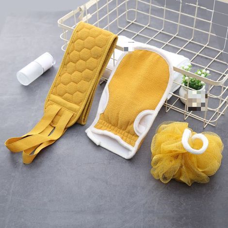 Two sets available: back shower set, shower belt, shower gloves, back massager, suitable for men and women, scrubbing towel, bath sponge, thickened combination set, back scrubbing towel, yellow. (1/4)
