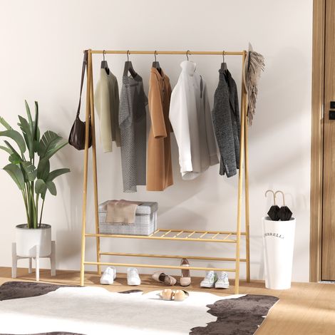 Porte-manteau en bambou, support à vêtements avec étagères et crochets, séchoir à linge avec tringle, pour entrée, salon et chambre, 116 x 43,5 x 160 cm, bois naturel (1/5)
