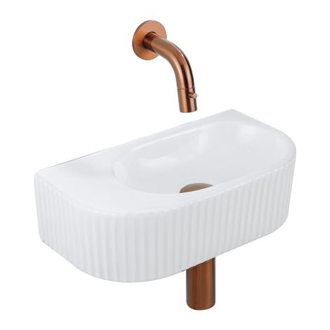 QeramiQ Fuente Ensemble de Lavabo - 40x21.5x12cm - strié - demi-rond - céramique - ensemble de robinet en cuivre brossé - bouchon de vidange - siphon