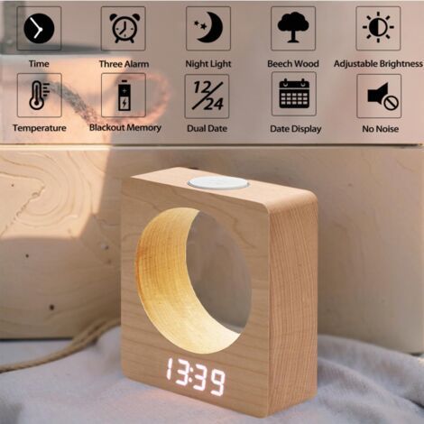 Sveglia digitale in legno Leiser con 3 allarmi, alimentazione AC, 4 livelli di luminosità, LED, temperatura e calendario (1/4)