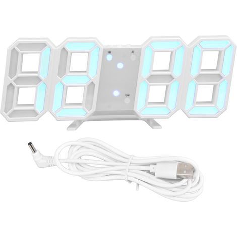 Moderne digitale Wanduhr mit Temperaturanzeige, Weckfunktion, Tonsteuerung und automatischem Sleep-Timer. Sie zeichnet sich durch ein weißes Gehäuse und blaue Beschriftung aus. (1/5)