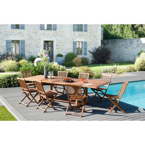 MAEVA - Ensemble de jardin bois teck huilé table 200/300cm + 8 chaises (1/6)