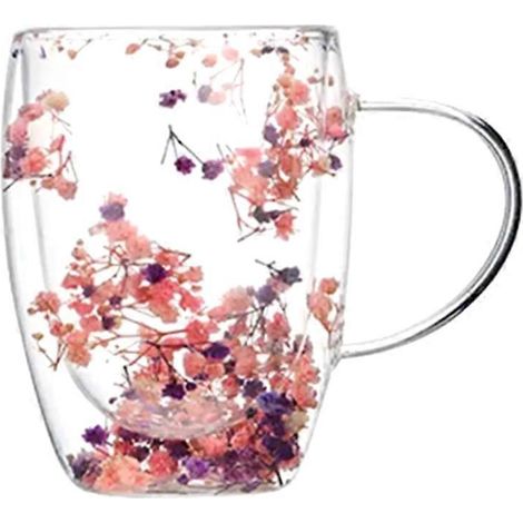 Verre à café au lait avec fleurs séchées, double, 350 ml, finition haut de gamme, qualité supérieure, idéal pour un usage domestique. (1/5)