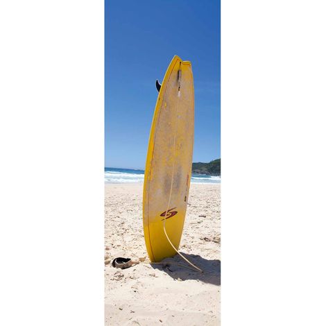 Papier peint panoramique plage jaune & bleu avec planche de surf | Tapisserie panoramique mer idéale couloir | Papier peint panoramique salle de bain - 280 x 100 cm (1 pièce) (1/2)